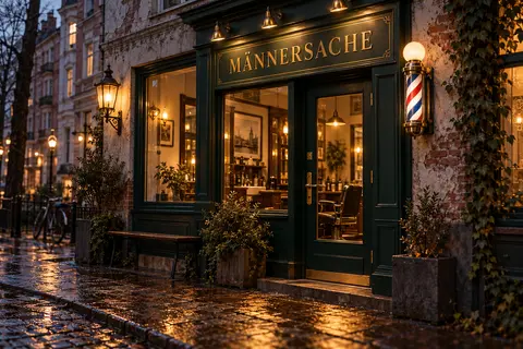 Die Ladenfront am Abend: grüne Fassade mit dem Messingschild Männersache, Glastür und Barberpole