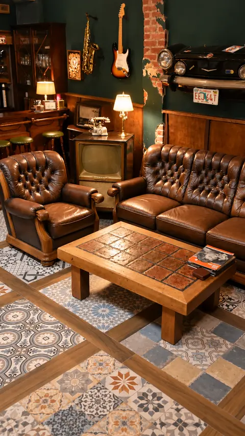 Die Lounge: Chesterfield-Sessel und -Sofa aus braunem Leder, ein Röhrenfernseher, Gitarre und Saxofon an der Wand