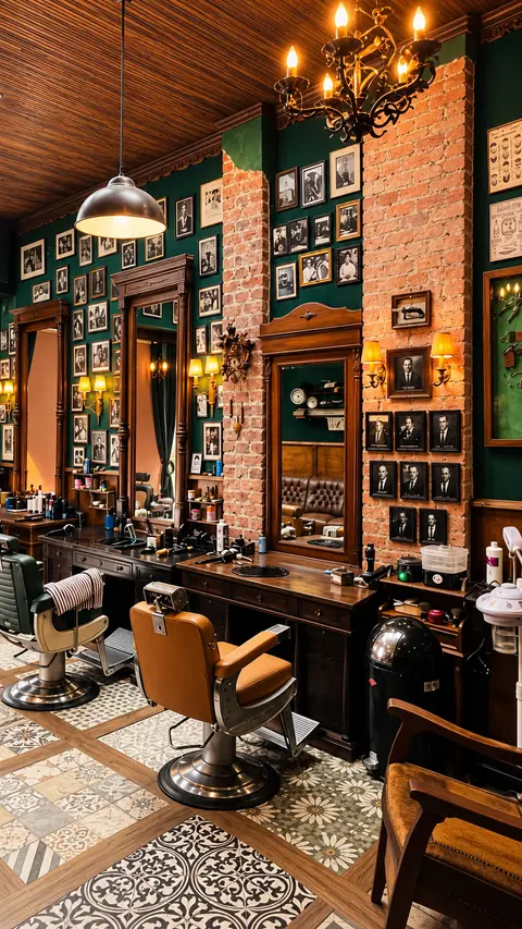 Der Salon: Barberstühle vor Holzspiegeln, ein Ziegelpfeiler mit Schwarz-Weiß-Porträts und ein Kronleuchter mit Kerzen