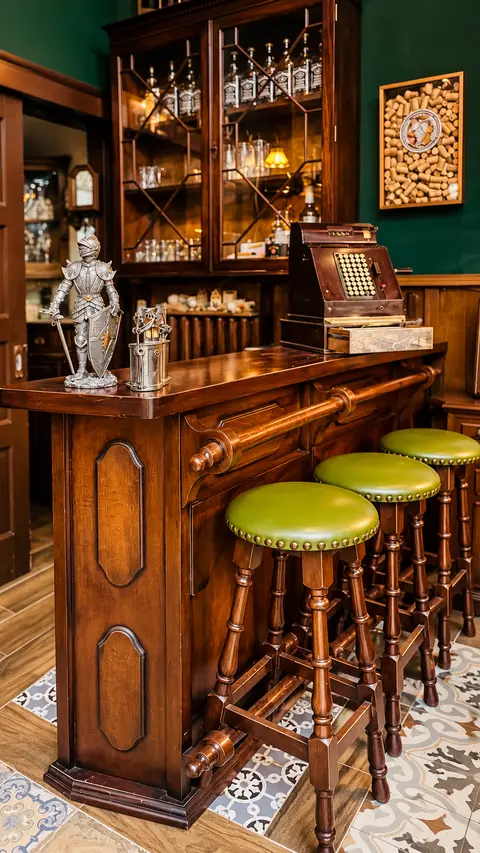 Der Holztresen mit grünen Barhockern, einer alten Registrierkasse und einer Ritterfigur vor der Vitrine