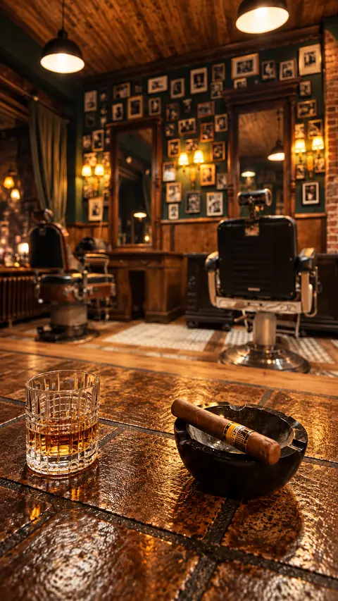 Ein Glas Whisky und eine Zigarre im Aschenbecher, dahinter zwei Barberstühle vor der Porträtwand